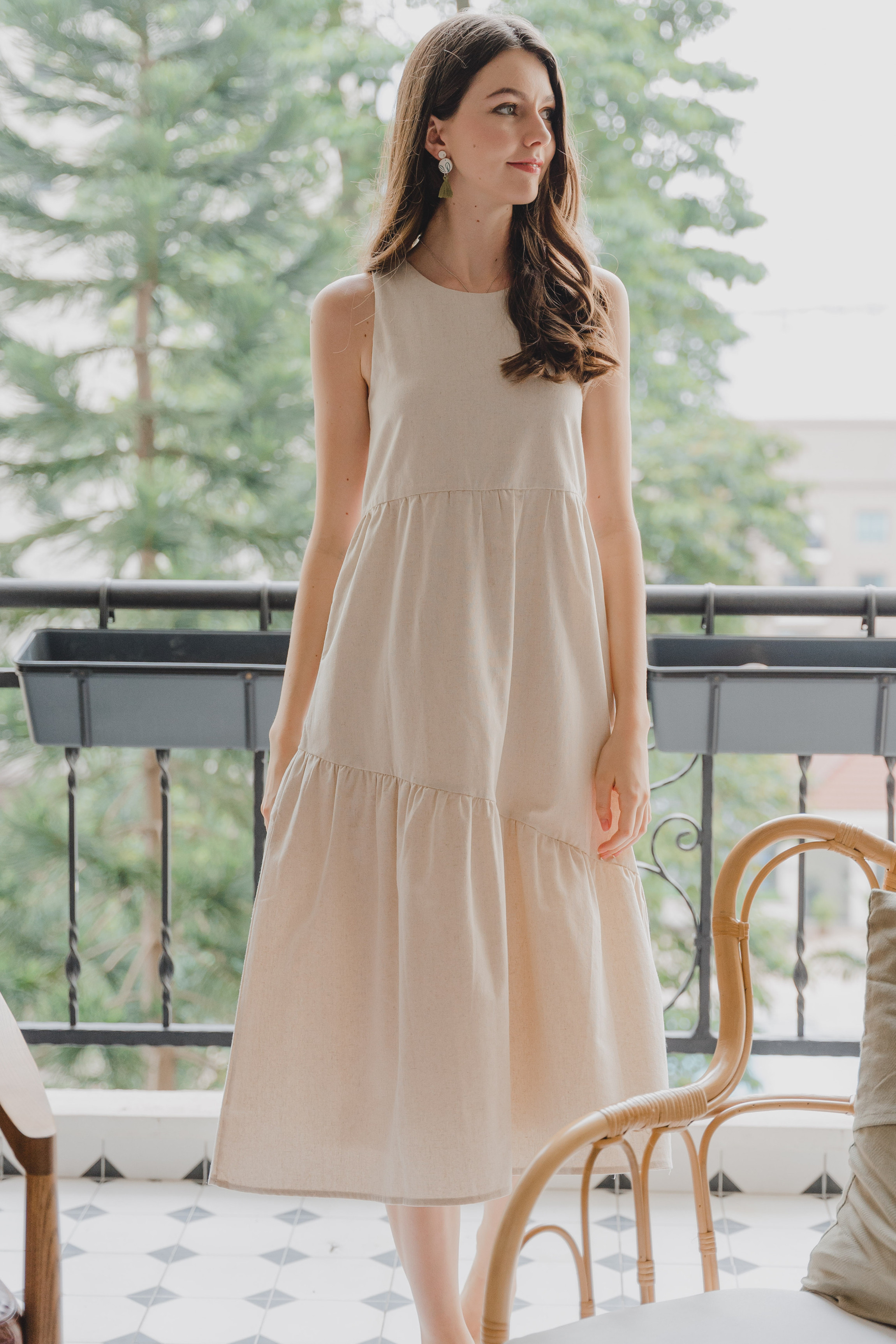 ACW Linen Asymmetrical Tiered Midi Dress in Ecru | Anticlockwise