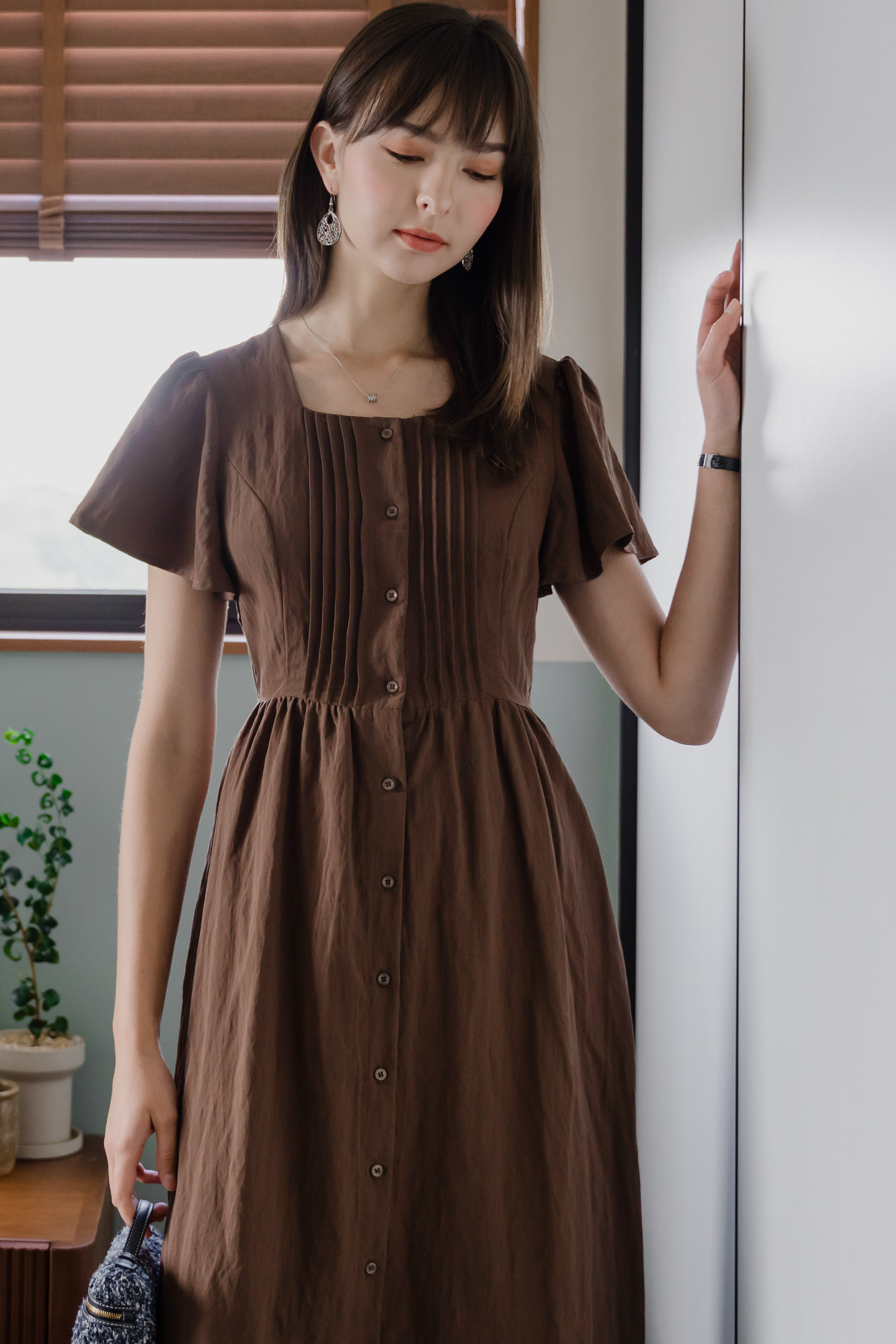 ACW Button Panel Square Neck Pintuck Flutter Sleeve Midi Dress in