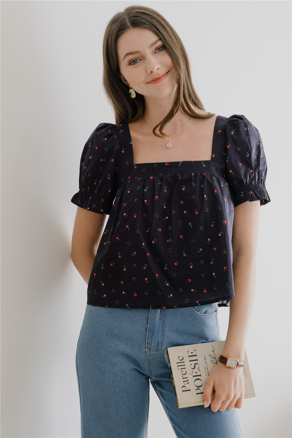 ACW Square Neck Bubble Puff Sleeve Blouse in Navy Petit Florals