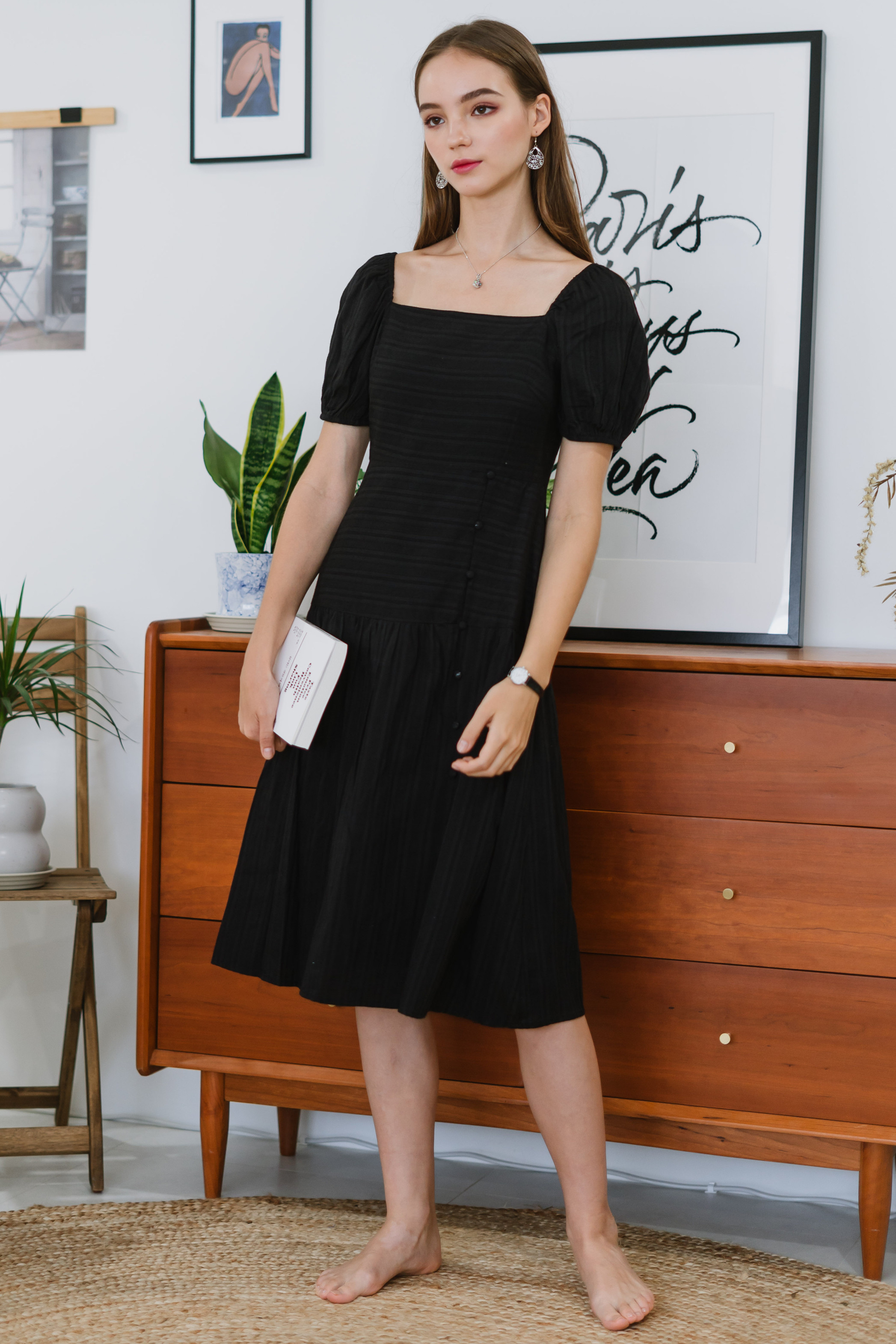 Puff Sleeve Button Panel Midi Dress in Black