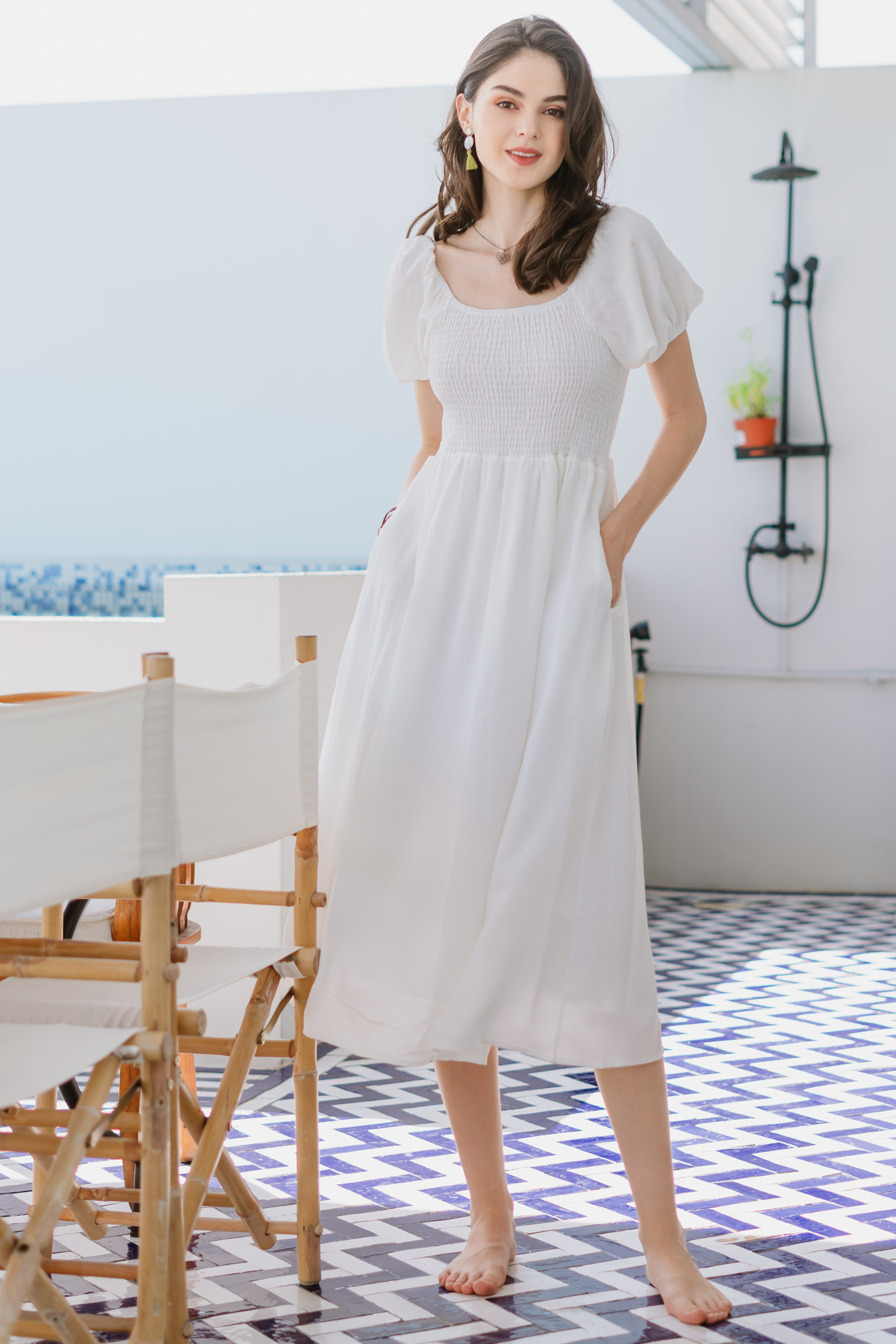 ACW Smock Puff Sleeve Maxi Dress in White | Anticlockwise